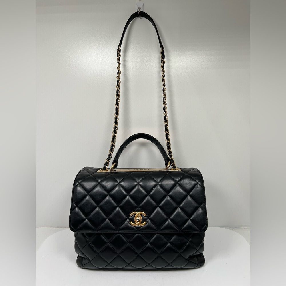 Chanel Large Trendy Top Handle Black Quilted Shoulder Hand Bag Gold Hardware
